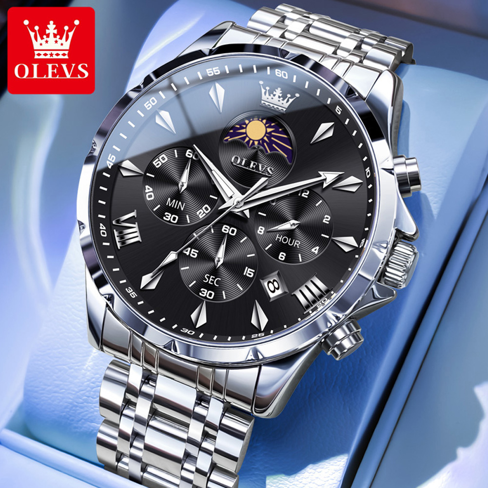 Luxury Watch Magazine - OLEVS 3653 Marken-Mondphasen-Kalender Herrenuhr Wasserdichte Quarzuhr